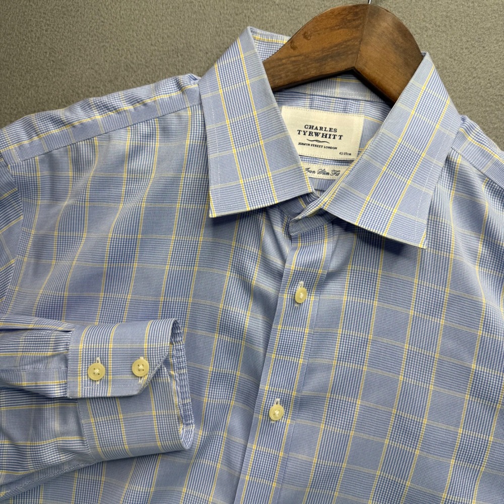 Charles Tyrwhitt Button Down Shirt Mens 17/35 Blue Yellow Plaid Non-Iron Slim